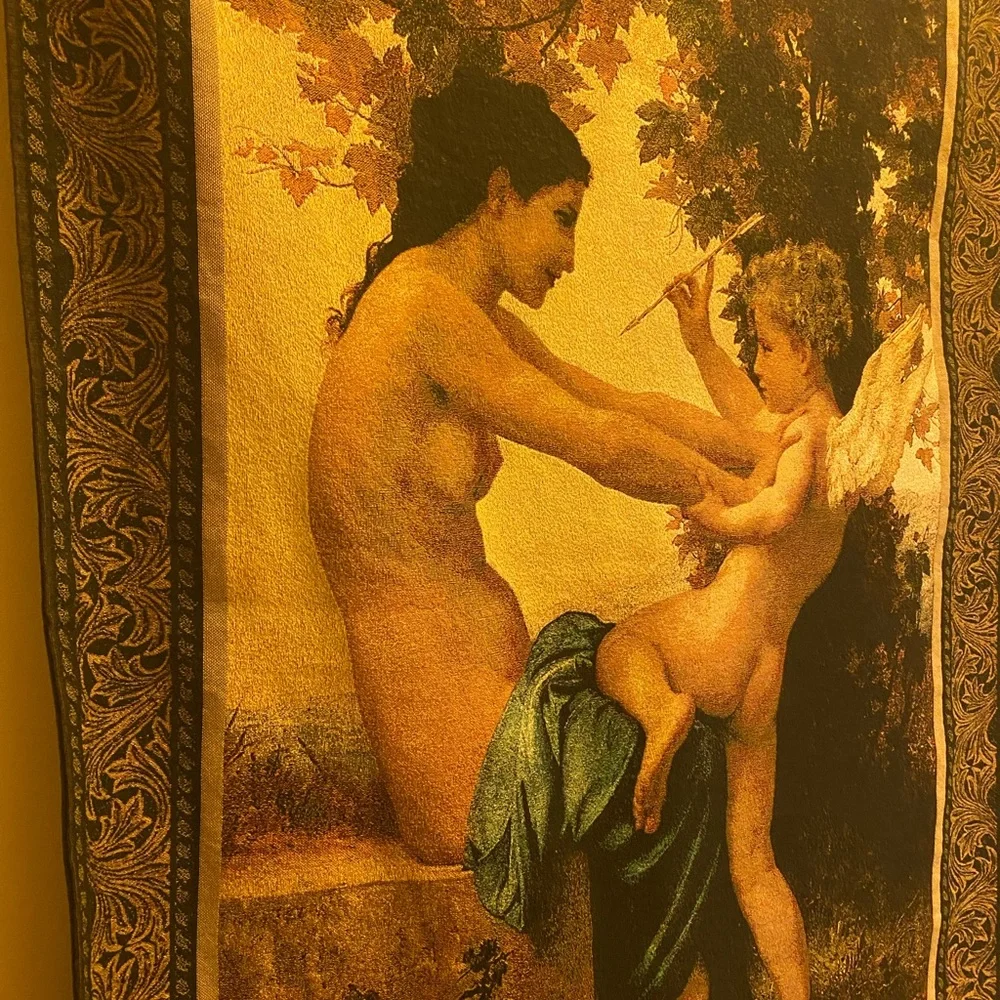 Tapestry Girl defending herself against love. 100% Cotton. 36”Wx50”L